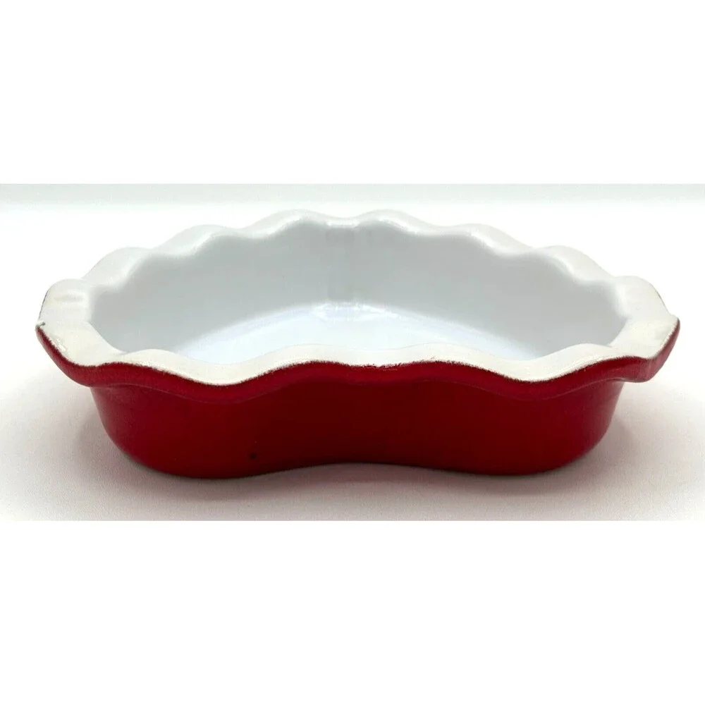 Emile Henry Red‎ & White Heart Shape Ruffled Dish Made in France 5 3/4” 61.49